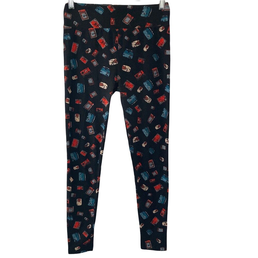 LuLaRoe Leggings One Size Womens Stretch Radios TV Media Pattern Black